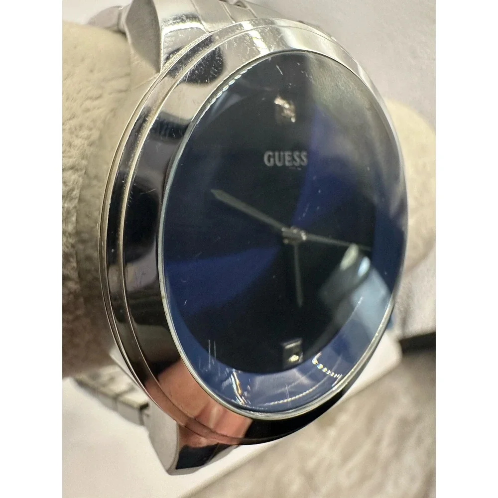 Guess Steel Watch Men U11576G2 Silver Tone Round Blue Dial 44mm New Battery 7